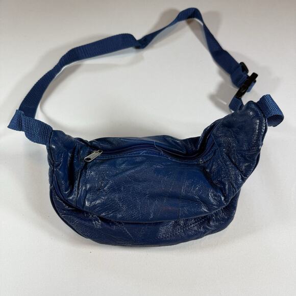 Vintage 100% Leather 90s Mod Grunge Punk Belt Bag Fanny Pack - Blue Adjustable - Picture 5 of 11